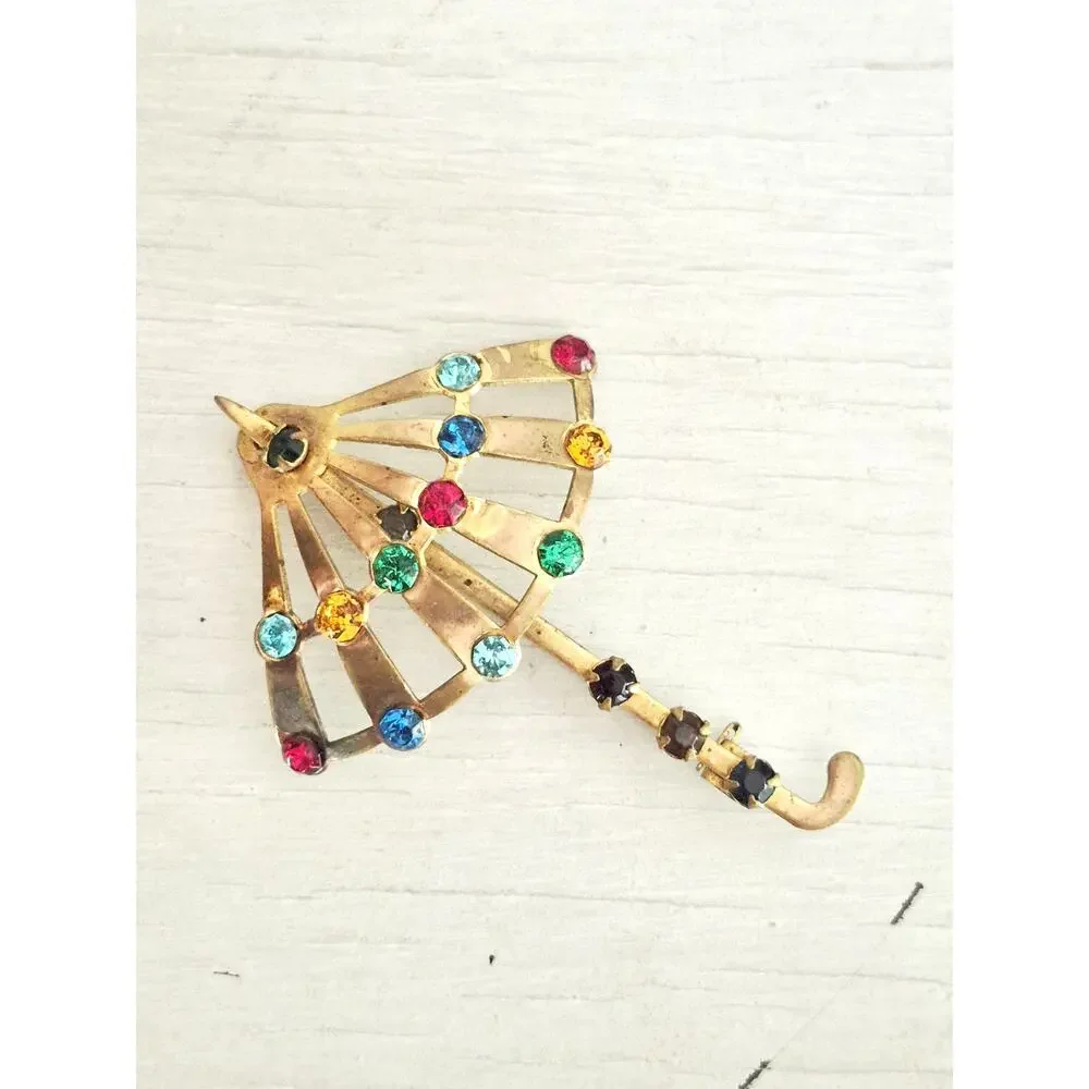 Vintage Multicolor Rhinestone Umbrella Brooch